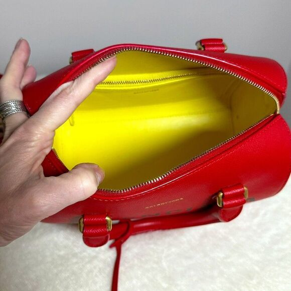 $2420 BALENCIAGA Ville Small Red Bowling 2 way Bag Yellow Interior - Picture 13 of 13